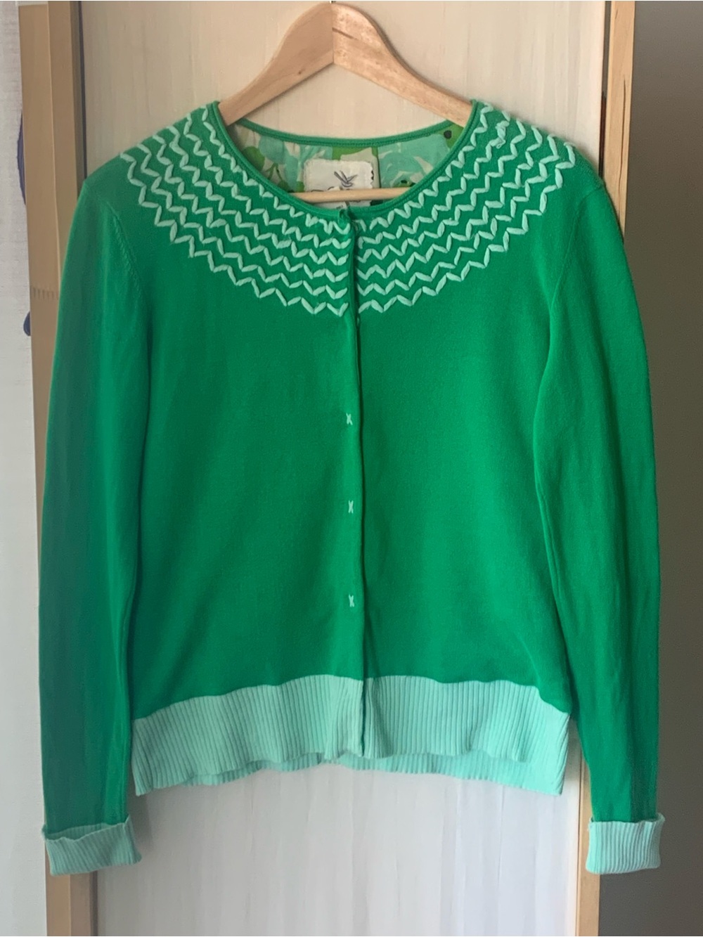 Green Cotton Cardigan With Lining and Fun Zigzag Knit Collar, Medium